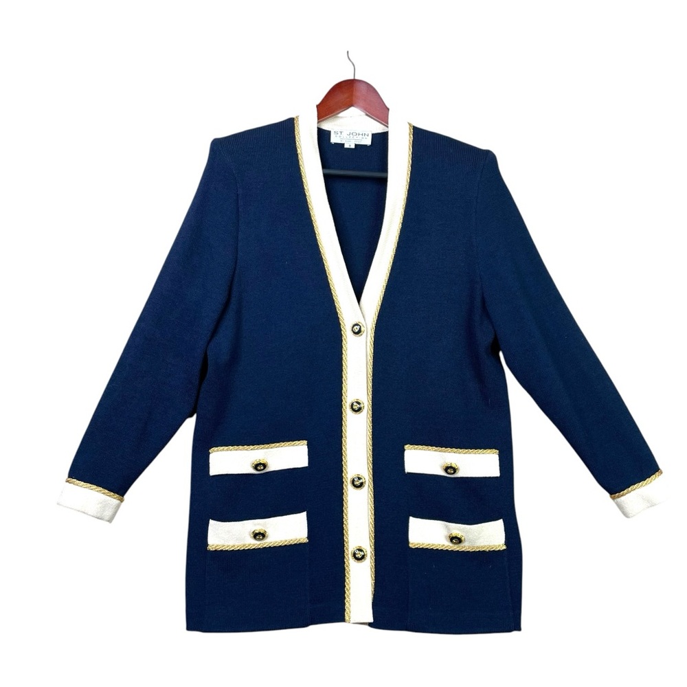 ST.JOHN COLLECTION BY MARIE GRAY KNIT JACKET CARDIGAN NAVY BLUE SZ 8 EUC